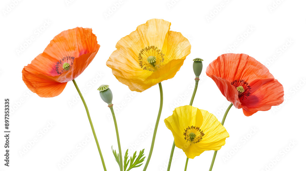 Fototapeta premium Three orange flowers with green stems isolated on a transparent background