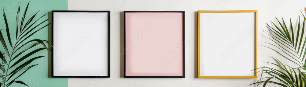 Fototapeta premium Three empty picture frames with black, pink, and yellow borders on a white wall, surrounded by green plants.