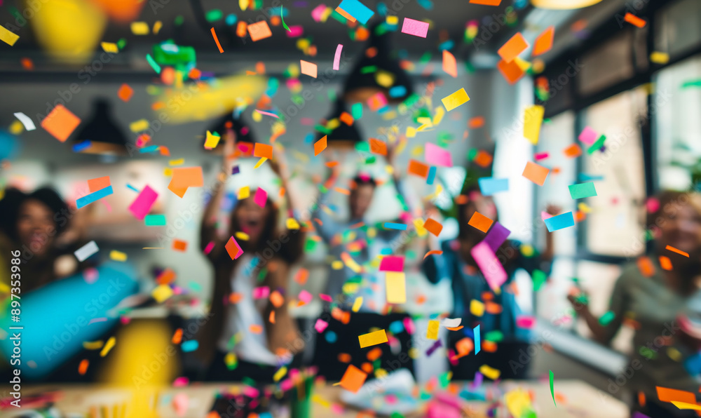 © IBEX.Media - Colorful confetti falling in an office celebration with blurred cheering people in the background © IBEX.Media - Colorful confetti falling in an office celebration with blurred cheering people in the background