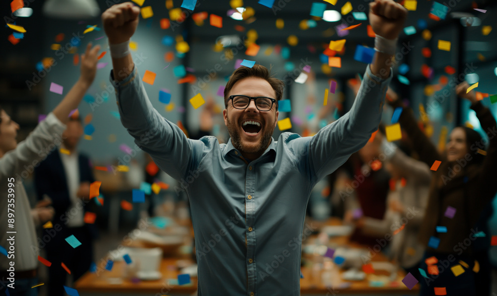 A joyful middle-aged man celebrating with colorful confetti falling around him in a lively office environment