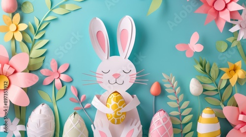 Cheerful bunny with colorful pastel Easter eggs in 3D paper art, Happy Easter Day.
