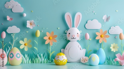 Cheerful bunny with colorful pastel Easter eggs in 3D paper art, Happy Easter Day.