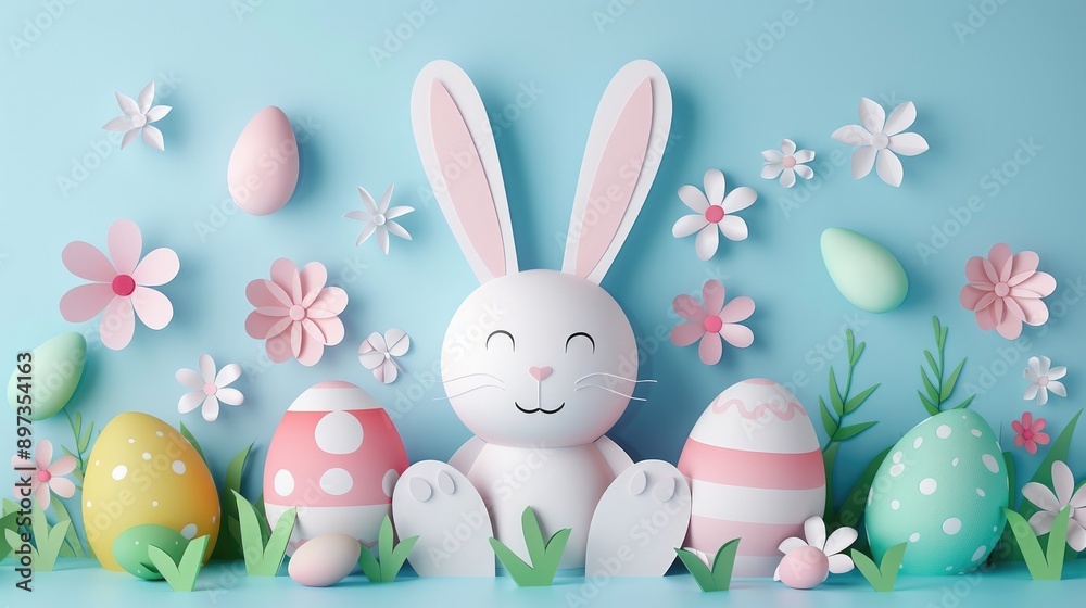 Cheerful bunny with pastel Easter eggs in 3D paper art style, Happy Easter Day