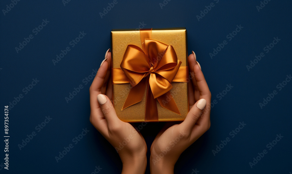 Hands holding golden gift box with bow on dark background Hands holding golden gift box with bow on dark background