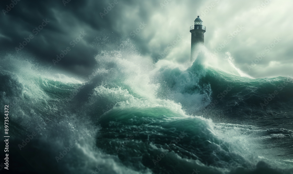 A powerful storm surges around a solitary lighthouse, waves crashing dramatically against its base under dark, ominous clouds A powerful storm surges around a solitary lighthouse, waves crashing dramatically against its base under dark, ominous clouds