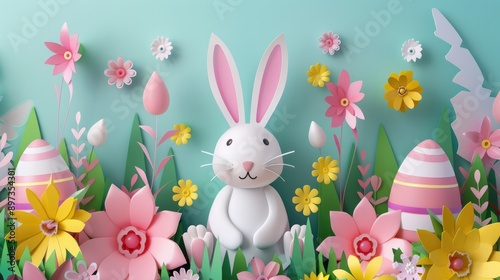 Cheerful bunny with pastel Easter eggs in 3D paper art style, Happy Easter Day