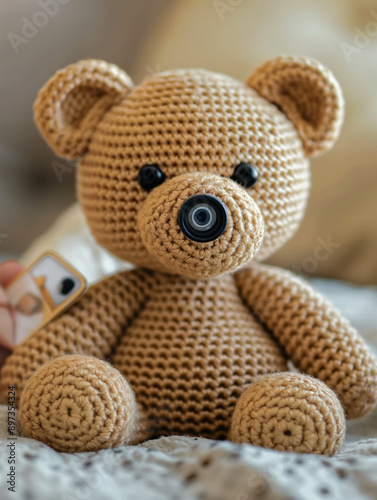 Crocheted teddy bear with camera lens nose photo