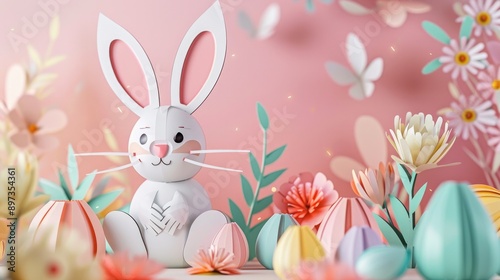 Cheerful bunny with pastel Easter eggs in paper art, celebrating Easter Day