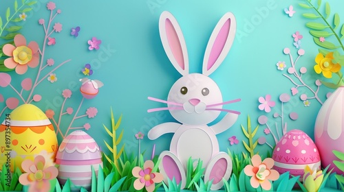 Cheerful rabbit with colorful pastel Easter eggs in paper art, Happy Easter Day