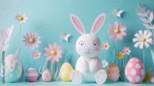 Cheerful rabbit with colorful pastel Easter eggs in paper art, Happy Easter Day