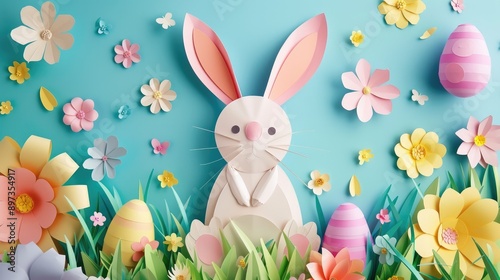 Cheerful rabbit with colorful pastel Easter eggs in paper art, Happy Easter Day