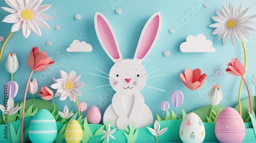Cheerful rabbit with pastel-colored Easter eggs in paper art style, Happy Easter!