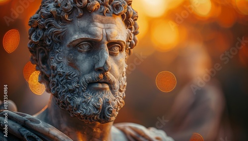 Statue of Marcus Aurelius, epic spectacle, looking into camera, close-up