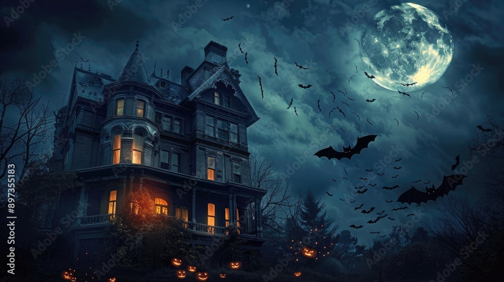 Creepy Halloween house with bats, dark sky, and full moon, spooky setting Creepy Halloween house with bats, dark sky, and full moon, spooky setting