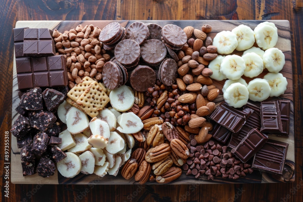Fototapeta premium Assortment of sweet treats arranged on a wooden charcuterie board, featuring chocolate, cookies, nuts, and bananas