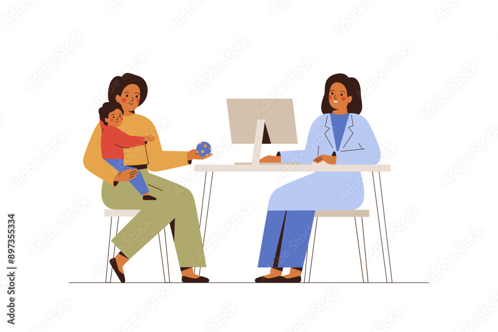 Pediatric diagnostic and consultation for mother with child. Woman with small son visit doctor for medical exam. Baby with his parent at appointment in hospital. Vector illustration Pediatric diagnostic and consultation for mother with child. Woman with small son visit doctor for medical exam. Baby with his parent at appointment in hospital. Vector illustration