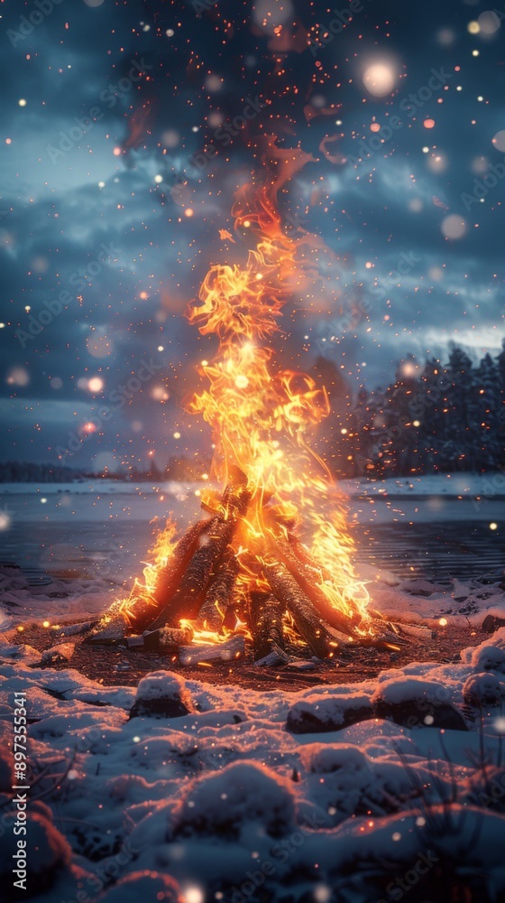 A large and beautiful bonfire set up on the beach A large and beautiful bonfire set up on the beach