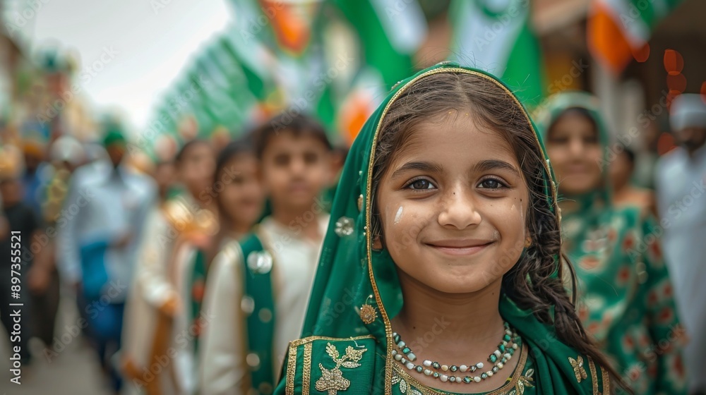 portrait of a person in a party, Pakistan Independence Day celebration, colorful green and white decorations, waving Pakistani flag, people in traditional dress, festive atmosphere, 14th August portrait of a person in a party, Pakistan Independence Day celebration, colorful green and white decorations, waving Pakistani flag, people in traditional dress, festive atmosphere, 14th August