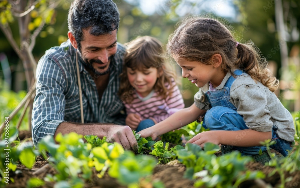 Dad and kids planting in the garden during spring time. The outdoor family activity involved gardening. Dad and kids planting in the garden during spring time. The outdoor family activity involved gardening.