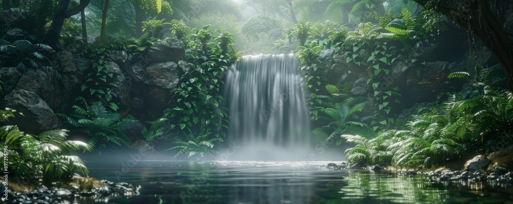 Enchanted waterfall flowing through a lush jungle, 4K hyperrealistic photo Enchanted waterfall flowing through a lush jungle, 4K hyperrealistic photo