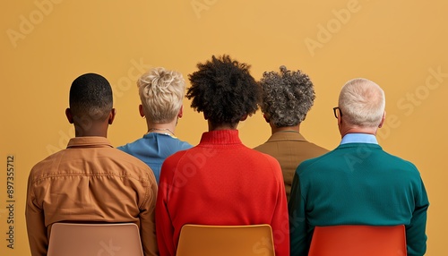 A group of diverse people sit in a row, facing away from the camera. What are their stories? What are their hopes and dreams? What are their challenges?