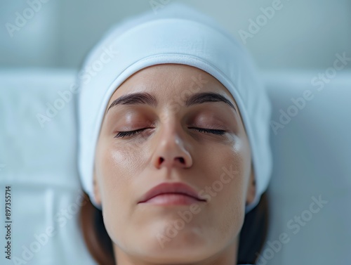 A serene close-up of a woman relaxing during a facial treatment in a spa environment, showcasing tranquility and self-care.