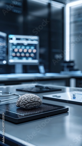 Scientific laboratory featuring a realistic brain model, emphasizing research and technology in neuroscience and cognition. photo