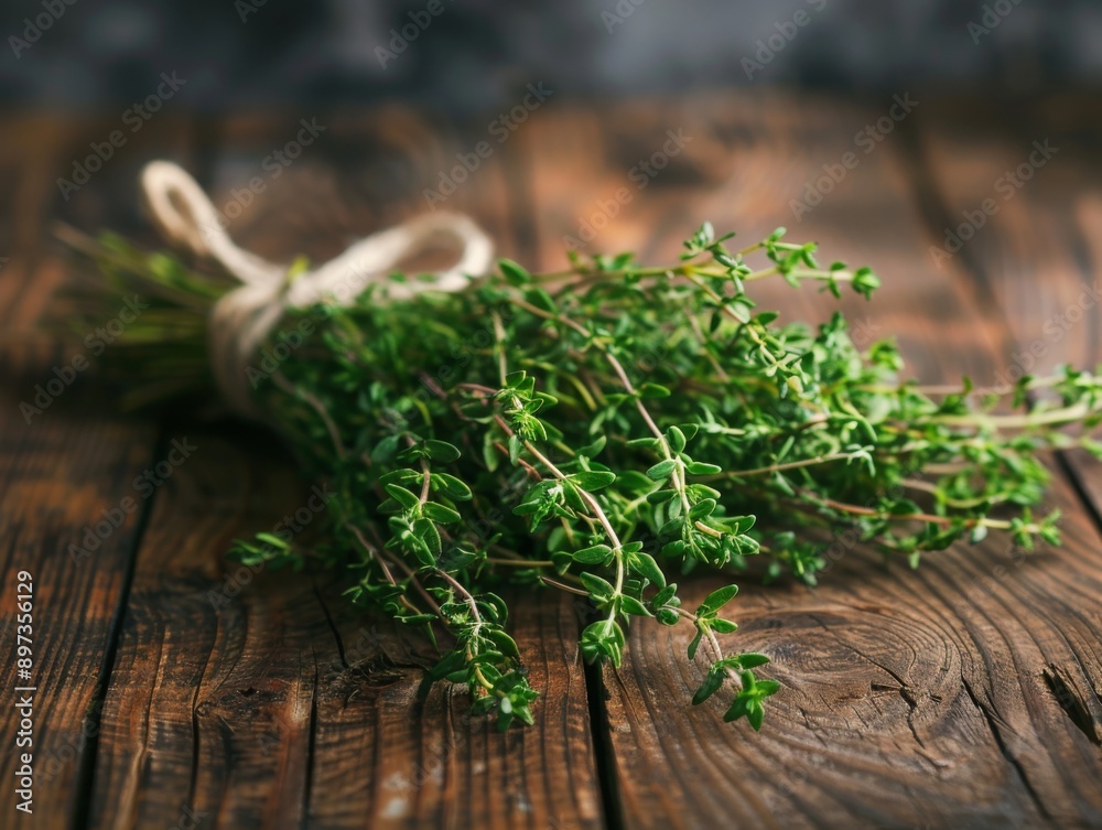 thyme bouquet, plant, herb on a modern wooden table thyme bouquet, plant, herb on a modern wooden table