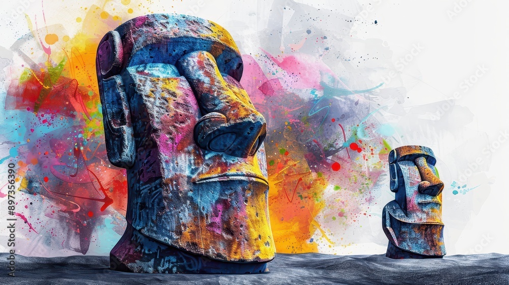 Fototapeta premium Colorful Graffiti on Moai Statues with Vibrant Abstract Background