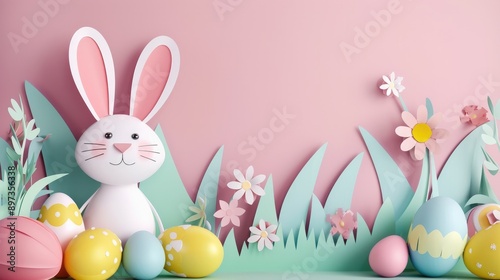 Cute rabbit in pastel paper art style with colorful Easter eggs, Happy Easter Day!