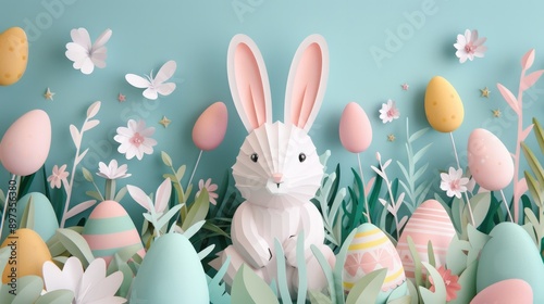 Cute rabbit surrounded by colorful pastel Easter eggs in paper art, Happy Easter!