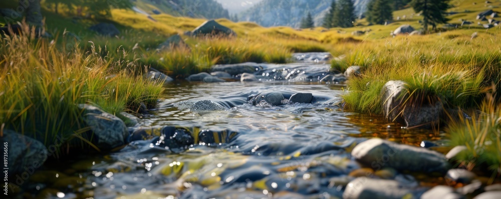 Obraz premium Crystal Clear Stream Flowing Through Meadow, 4K hyperrealistic photo