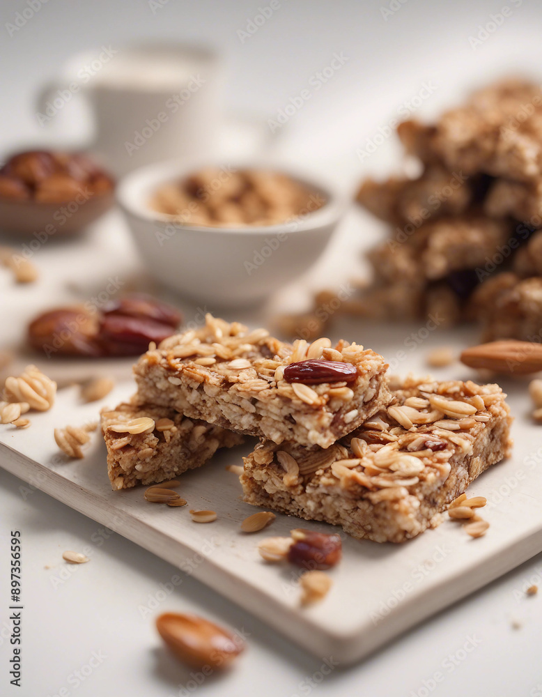 A plate of homemade granola bars made with oats, dates, and nuts on a white background.
A plate of homemade granola bars made with oats, dates, and nuts on a white background.