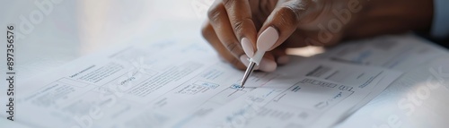 A professional woman carefully reviews a document, making sure that all of the information is correct