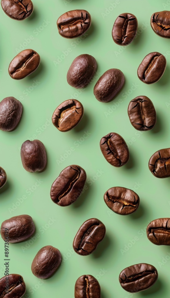 coffee beans with a pastel green background. Random single coffee beans through out the creative space in a seamless random pattern. coffee beans with a pastel green background. Random single coffee beans through out the creative space in a seamless random pattern.
