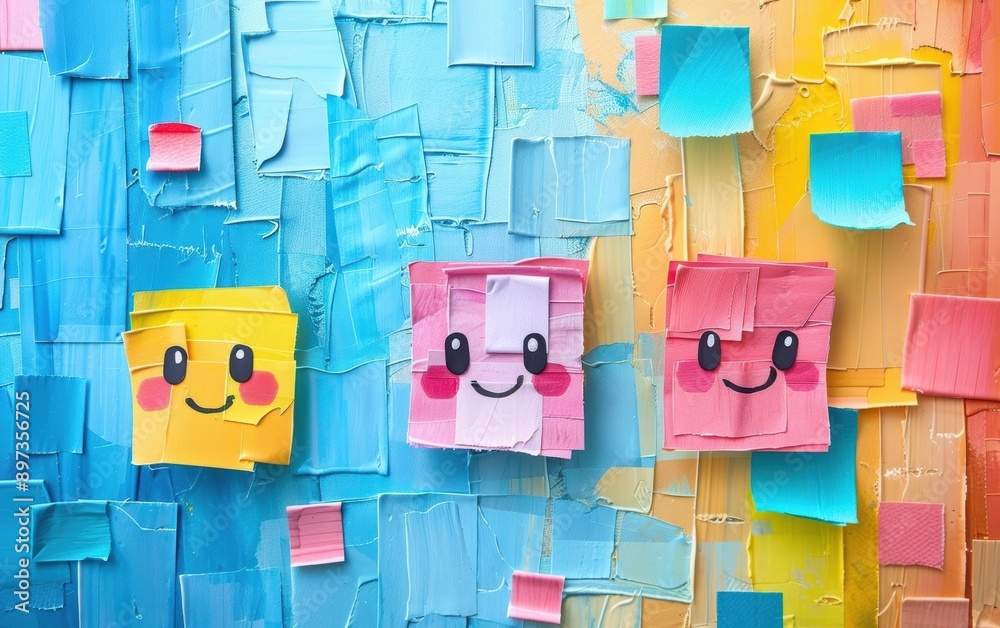 Obraz premium Colorful abstract painting with cute, cheerful square characters on textured pastel background, evoking happiness and playful vibes.