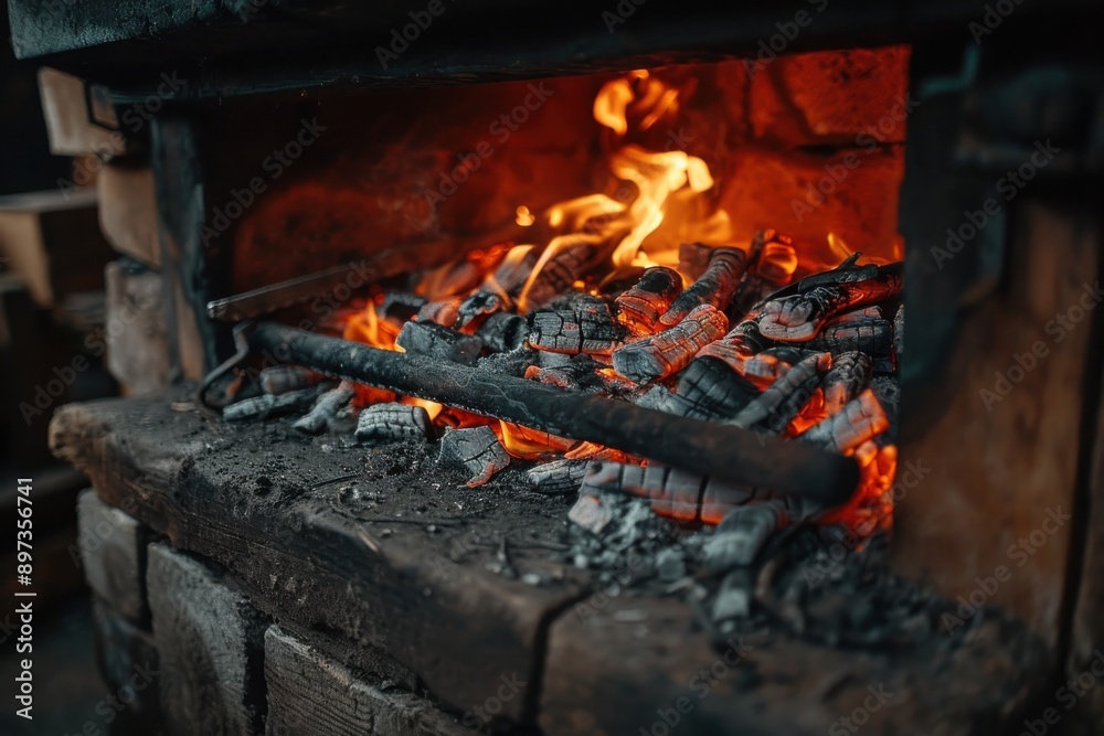 A wood-burning stove with embers and flames inside, showing the intense heat and glow of the fire as it consumes the logs, symbolizing warmth and comfort. A wood-burning stove with embers and flames inside, showing the intense heat and glow of the fire as it consumes the logs, symbolizing warmth and comfort.