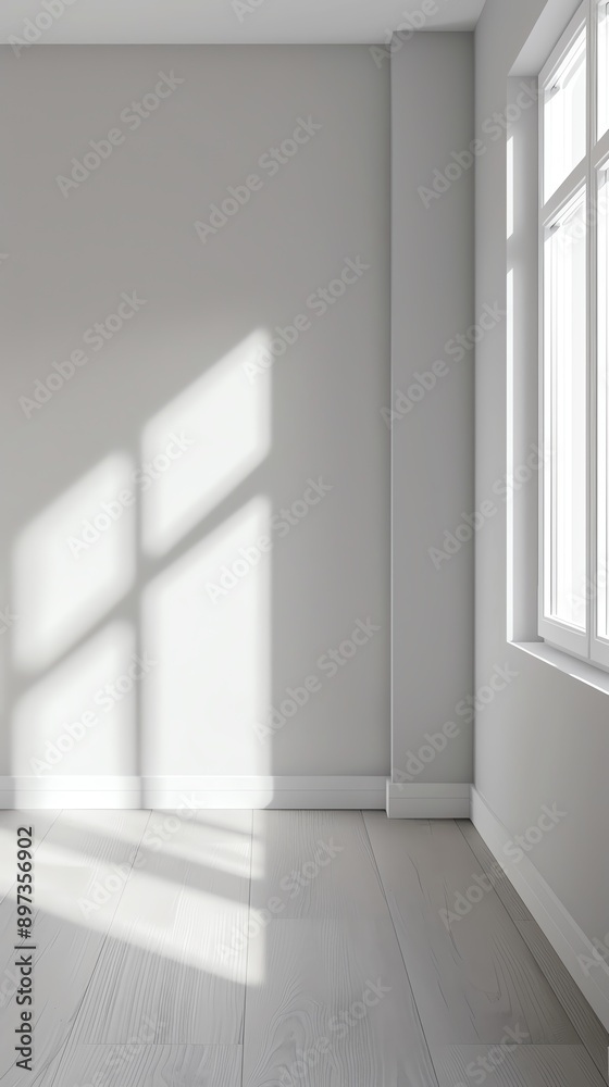 3D rendering of an empty room with a single window. The room should be brightly lit with white walls and light wood floors. 3D rendering of an empty room with a single window. The room should be brightly lit with white walls and light wood floors.