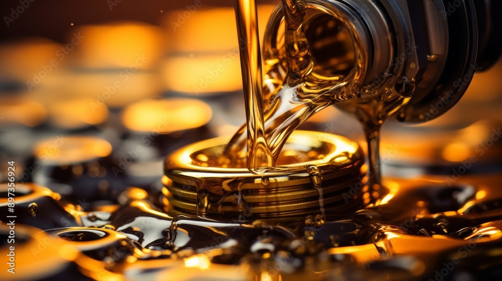 Close up golden oil refueling and maintenance for motor car transmission and gear quality Close up golden oil refueling and maintenance for motor car transmission and gear quality