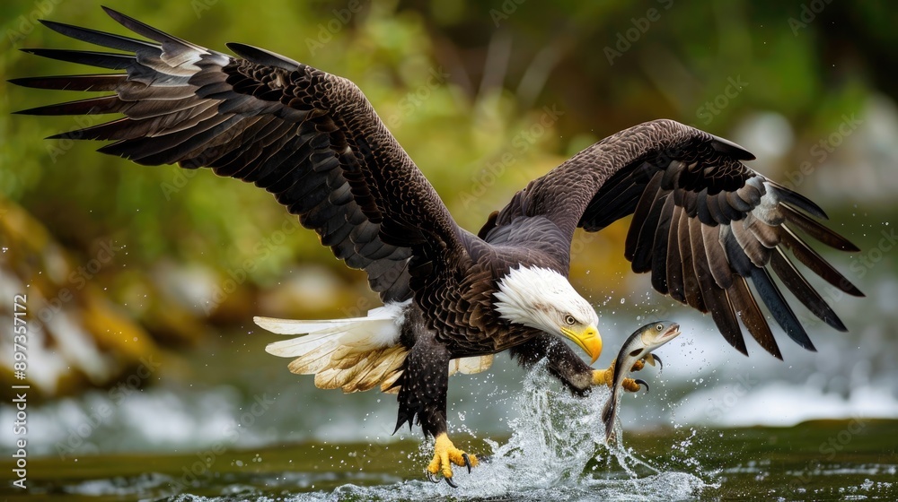 Bald eagle catching fish in a river, its powerful talons and keen eyesight on full display Bald eagle catching fish in a river, its powerful talons and keen eyesight on full display