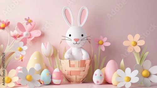 Cute rabbit with a basket of pastel Easter eggs in paper art style, Happy Easter