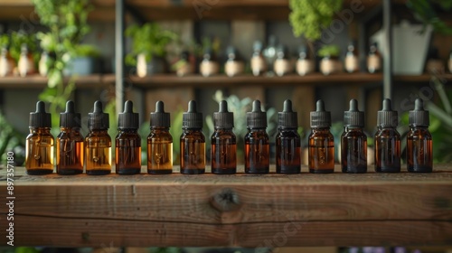 aromatherapy display, aromatic essential oil bottles neatly displayed on wooden table in fragrance lab, with space for text