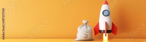 Rocket takeoff and bag of money on yellow background, startup concept, 3D illustration
