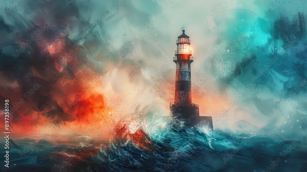 Fototapeta premium Dramatic Lighthouse Amidst Stormy Seas with Vibrant Colors and Dynamic Waves