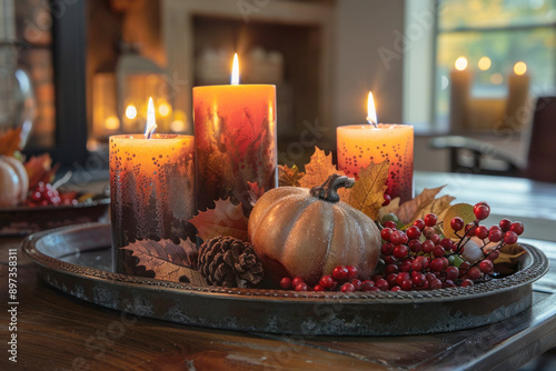 Thanksgiving Centerpiece with Candles, Pumpkins, Autumn Leaves, and Berries on Rustic Table