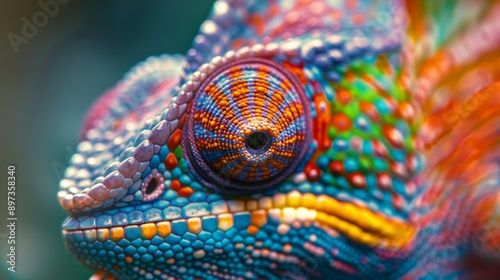  close-up of a chameleon's skin, color-changing chromatophores in action photo