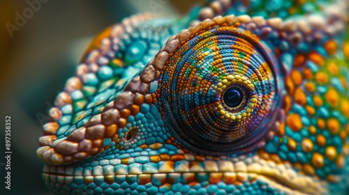  close-up of a chameleon's skin, color-changing chromatophores in action photo