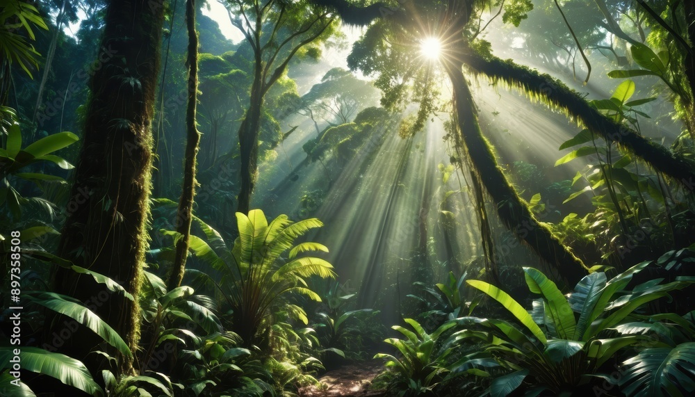 Fototapeta premium environment, Sunlit Rainforest Trees and Ferns
