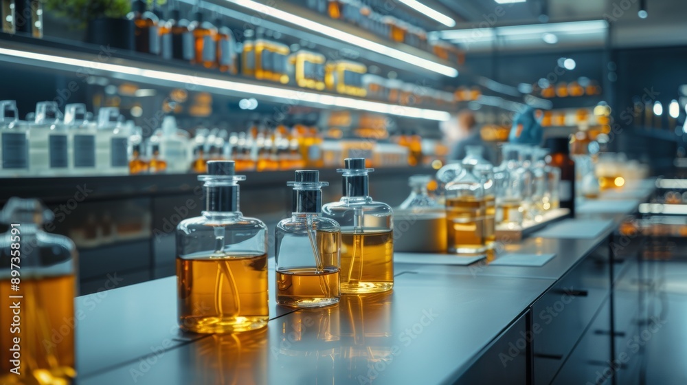 perfumers lab features rows of glass bottles filled with essential oils, a clear work table with room for creativity to craft fragrances perfumers lab features rows of glass bottles filled with essential oils, a clear work table with room for creativity to craft fragrances