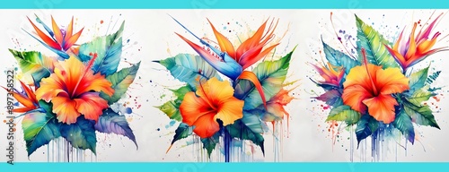 Tropische Blumen Arrangement mit Hibiskus und Strelizie bunt farbenfroh in Aquarell Technik
